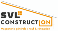 Logo SVL Construction, maçonnerie générale neuf et rénovation, design graphique noir et orange avec toit stylisé.