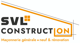 SVL Construction - Maçonnerie Générale Neuf & Rénovation Logo SVL Construction, maçonnerie générale neuf et rénovation, design graphique noir et orange avec toit stylisé.